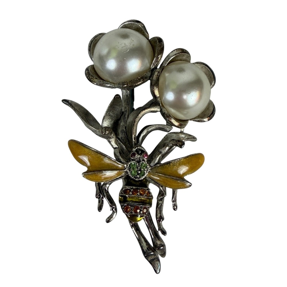 Oscar de la Renta Bee Flower Brooch Pin Faux Pearl Enamel Rhinestone Silver Tone